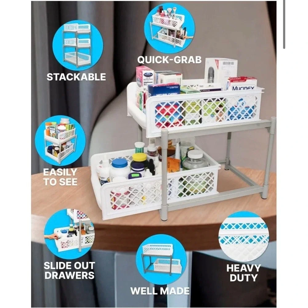 Skywin 2-Tier Sliding Cabinet Pull Out Organizer, White Plastic Storage Drawers
